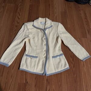 Vintage St. John‎ Collection Cream Blazer Blue Santana Knit Old Money Luxury Y2k
